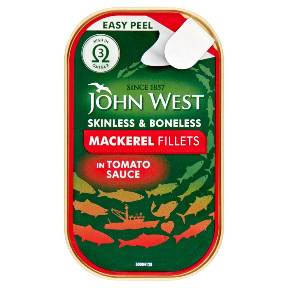 The John West - Mackerel Fillets in Tomato Sauce - 115g now comes enriched with sunflower oil, offering easy-peel packaging and adorned with eye-catching fish illustrations on the label. High in omega-3, it’s a nutritious choice for your meals.