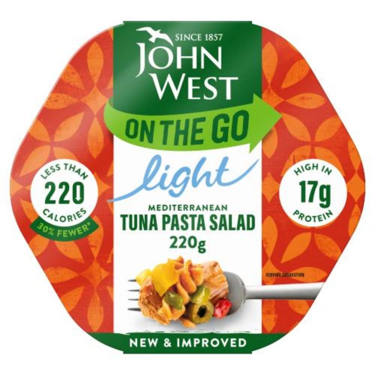 The packaging of John West - On The Go Mediterranean Tuna Pasta Salad - 220g highlights a serving size of 220g, containing less than 220 calories and providing 17g of protein.