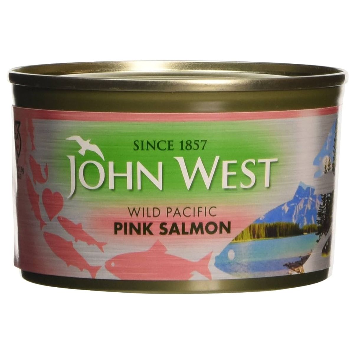 A can of John West - Pink Salmon - 213g with a colorful label featuring fish, nature scenes, and text, "Since 1857," offers not just great taste but also the added benefits of omega-3 fatty acids from wild-caught salmon.