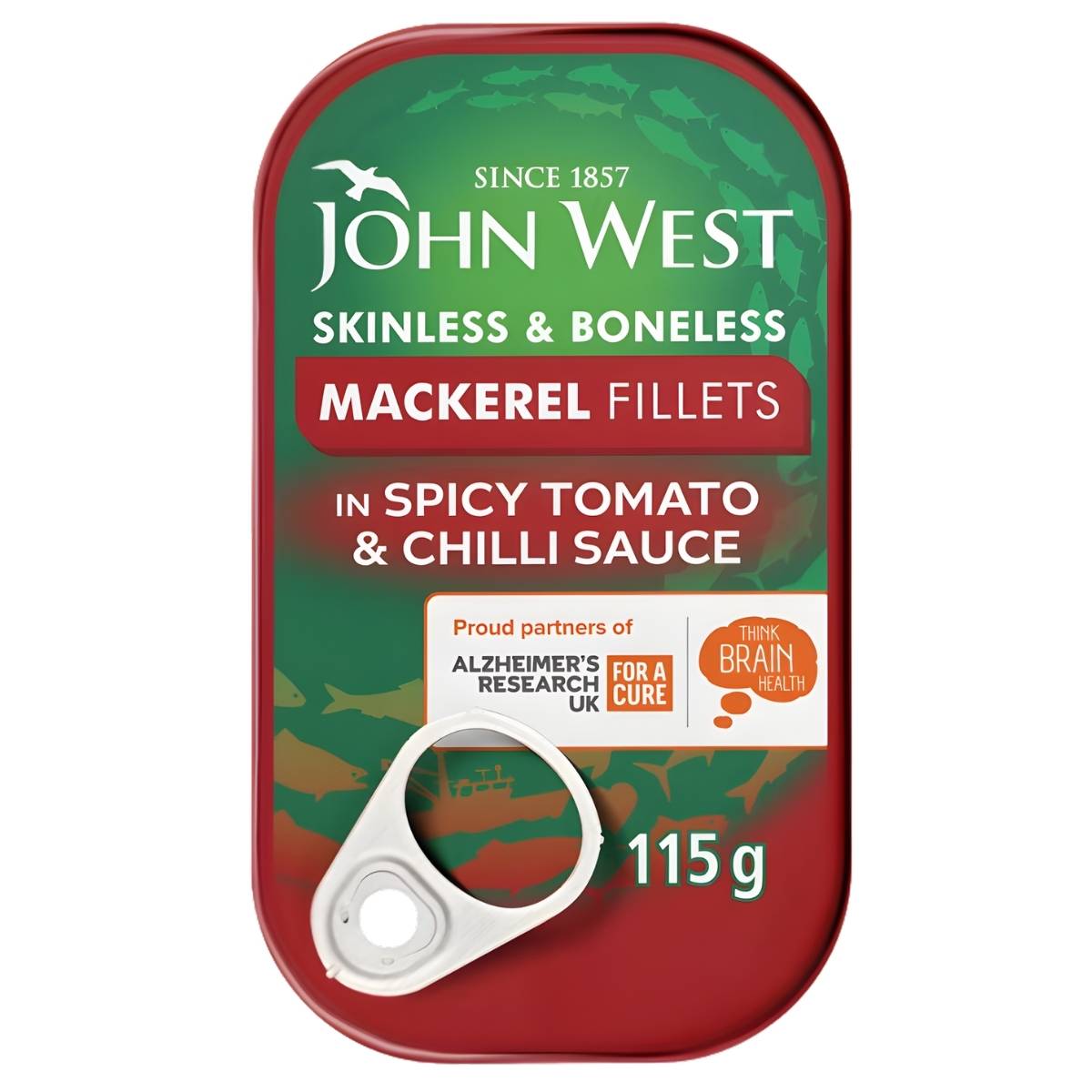 John West - Skinless & Boneless Mackerel Fillets in Spicy Tomato & Chilli Sauce, 115g, rich in omega-3 and featuring Alzheimer’s Research UK and Think Brain Health partnership logos.