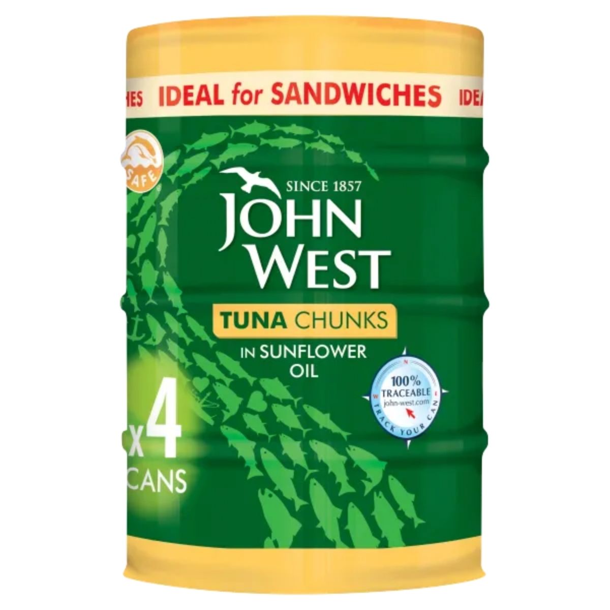 A pack of four John West tuna chunks, presented in brine and detailed with fish illustrations, features a green and yellow design and is promoted as perfect for sandwiches.