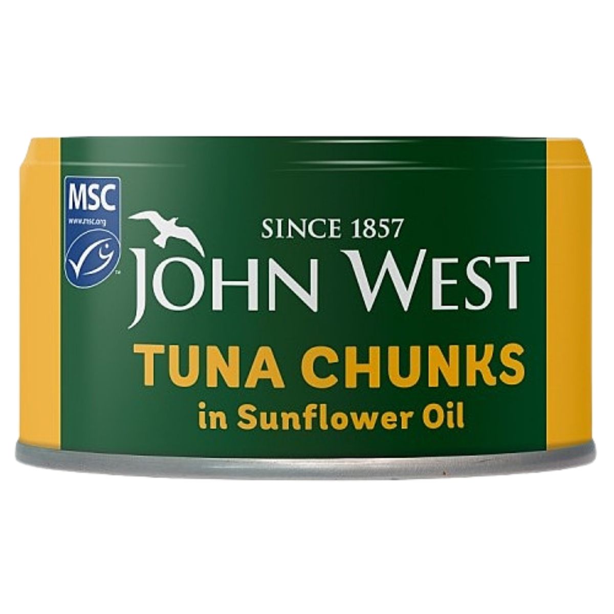 A 125g can of John West Tuna Chunks in Sunflower Oil, featuring green and yellow packaging with MSC certification.
