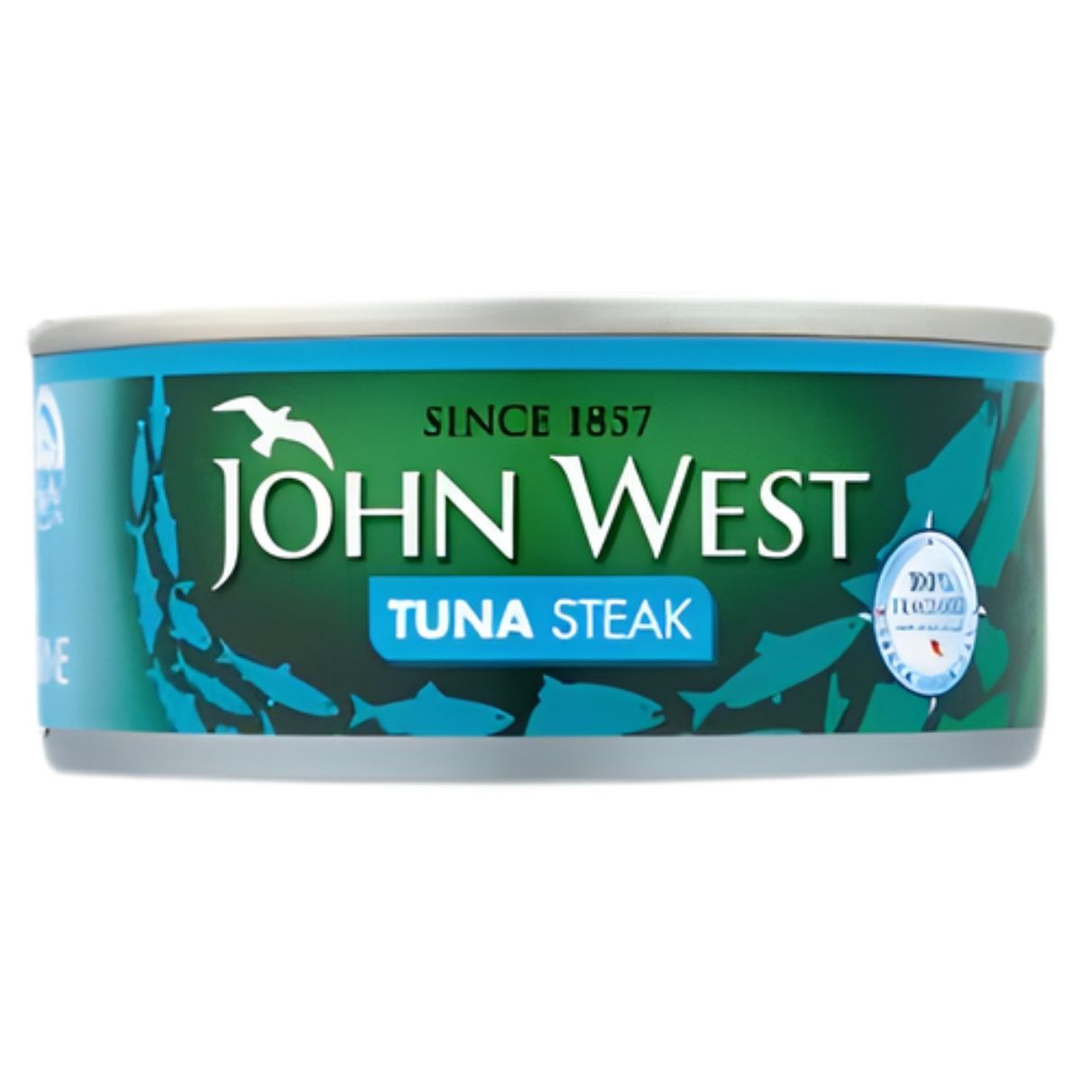 A 160g can of John West Tuna Steak in Brine, with a green label and “Since 1857” on the lid—packed with wild fish goodness and rich in omega-3.