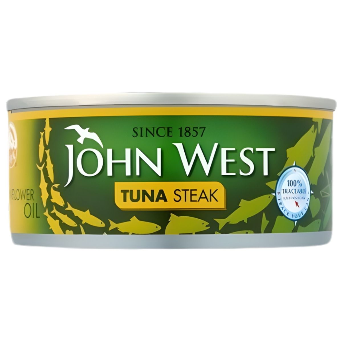 John West Tuna Steak in Sunflower Oil (160g) combines premium quality and a "100% traceable" label—ideal for tinned fish lovers. The green and yellow packaging features distinctive fish graphics.