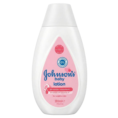 Johnson’s Baby Lotion Everyday Use for Delicate Skin (300ml) nourishes and moisturizes with coconut oil, has a white cap and pink label, and is suitable for sensitive skin.