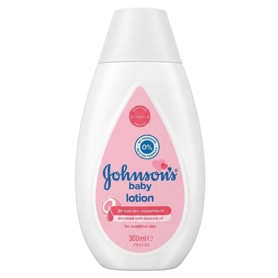 Johnson’s Baby Lotion Everyday Use for Delicate Skin (300ml) nourishes and moisturizes with coconut oil, has a white cap and pink label, and is suitable for sensitive skin.
