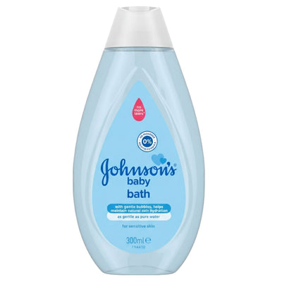 Johnson's - Baby Regular Gentle Baby Bath (300ml) for sensitive skin, with a blue label, "No More Tears," "0% parabens," and natural skin hydration claims on the packaging.