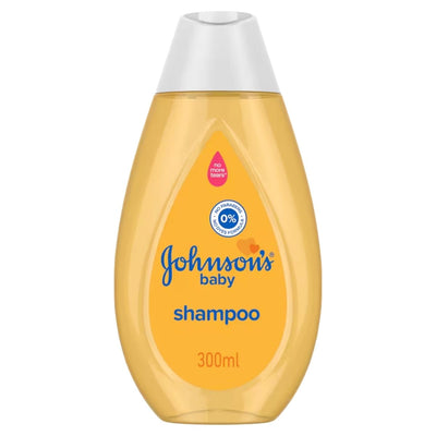 Johnson's Baby Shampoo Without Dyes, Sulphates & Soap (300ml) is a gentle cleanser for sensitive skin, featuring a yellow liquid, white cap, and front label with product info.