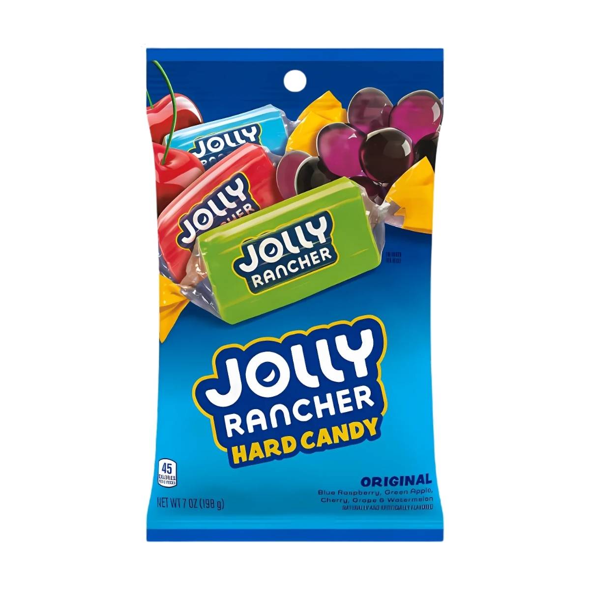 A vibrant 198g bag of Jolly Rancher Hard Candy features bold flavors such as cherry, watermelon, grape, and apple, all highlighted against a striking blue background.