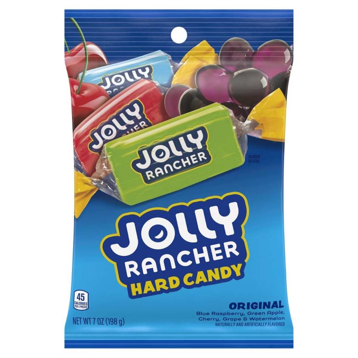 The Jolly Rancher - Hard Candy - 198g package features a vibrant assortment of flavors, including blue raspberry, green apple, cherry, grape, and watermelon.