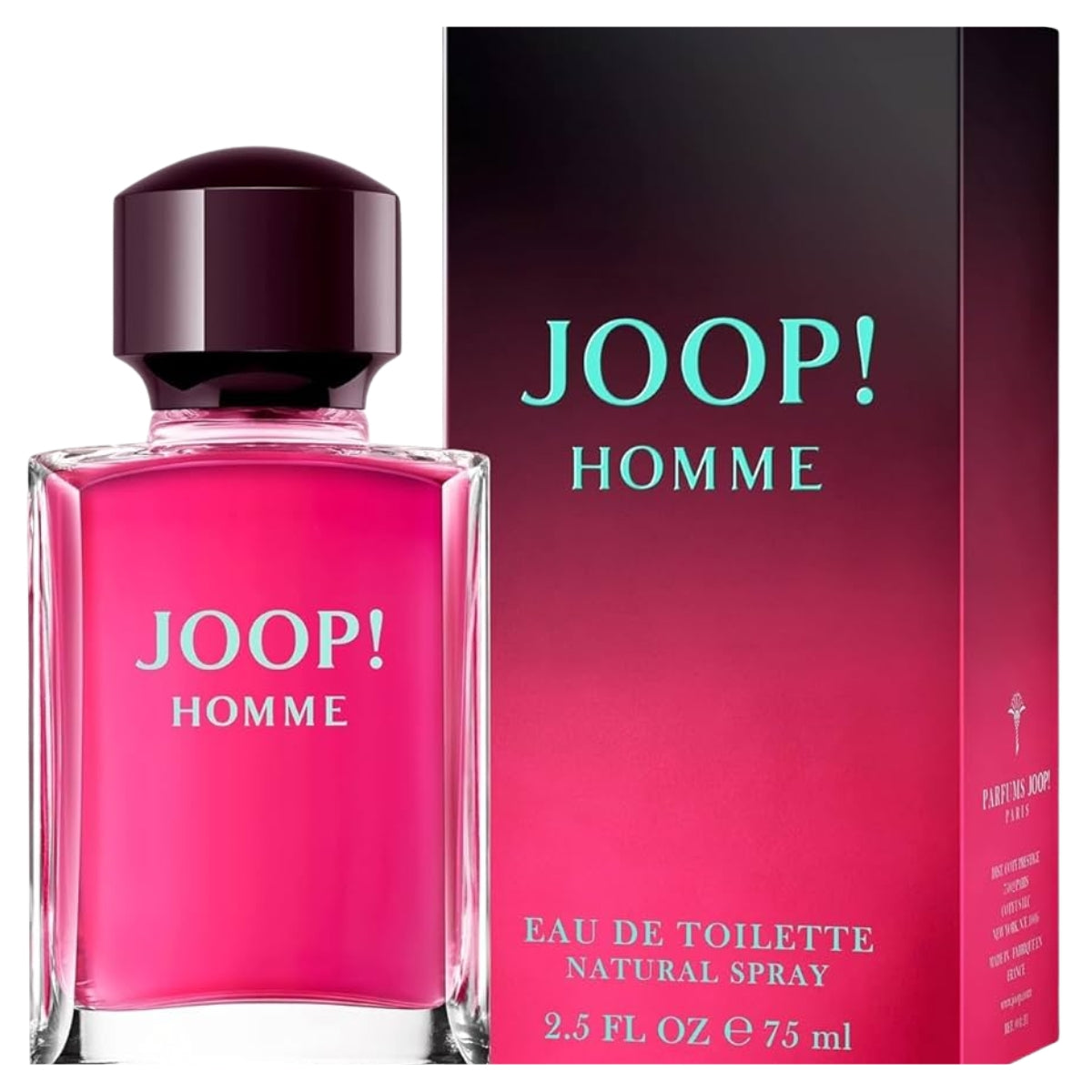 A bottle of Joop! - Homme Eau de Toilette Natural Spray (75ml) by Joop! is displayed beside its packaging, both featuring shades of pink and purple with white and teal text.