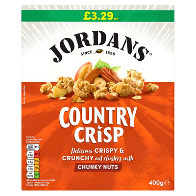 Front of a 400g Jordans - Country Crisp Cereal Oat Clusters with Chunky Nuts box, showing the price, product name, and images of crunchy oat clusters and chunky nuts on an orange background. Brand: Jordans.