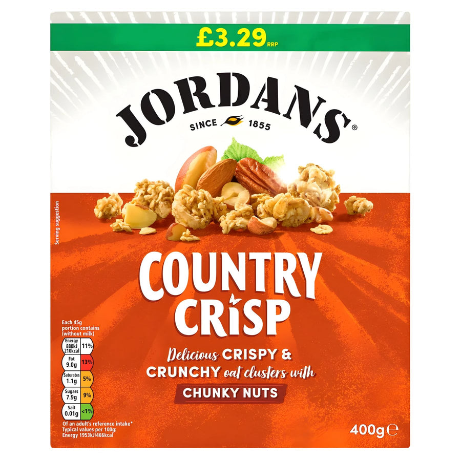Front of a 400g Jordans - Country Crisp Cereal Oat Clusters with Chunky Nuts box, showing the price, product name, and images of crunchy oat clusters and chunky nuts on an orange background. Brand: Jordans.