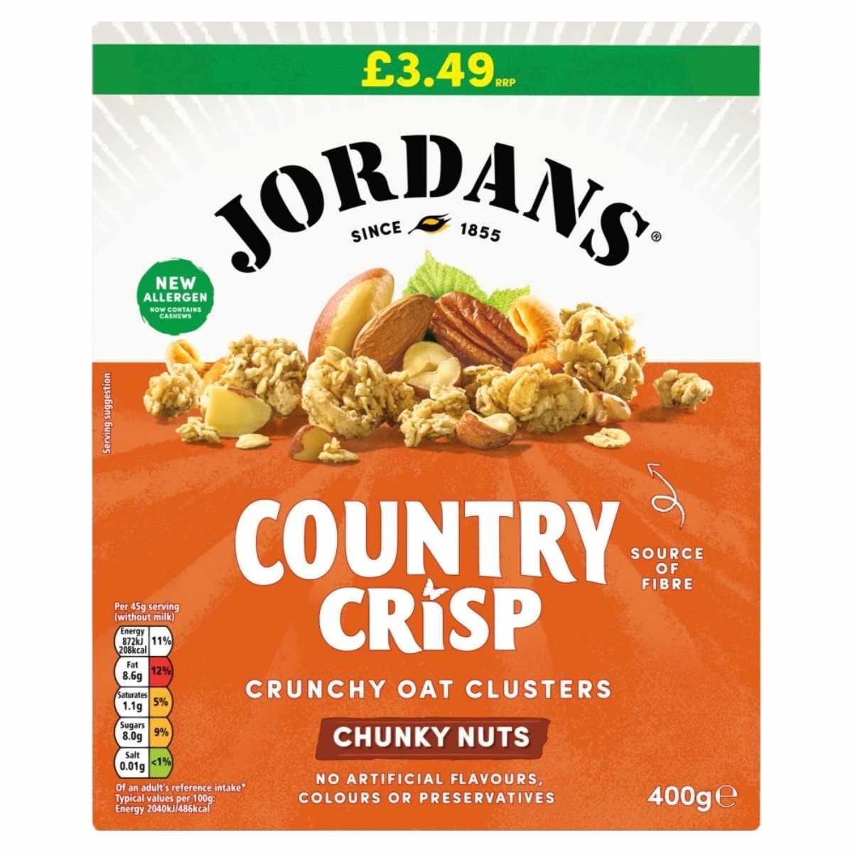 Jordans Country Crisp Cereal Oat Clusters with Chunky Nuts, 400g box, displays price label, nutritional info, and allergen warning clearly on the packaging.