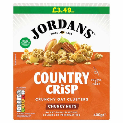 Jordans Country Crisp Cereal Oat Clusters with Chunky Nuts, 400g box, displays price label, nutritional info, and allergen warning clearly on the packaging.