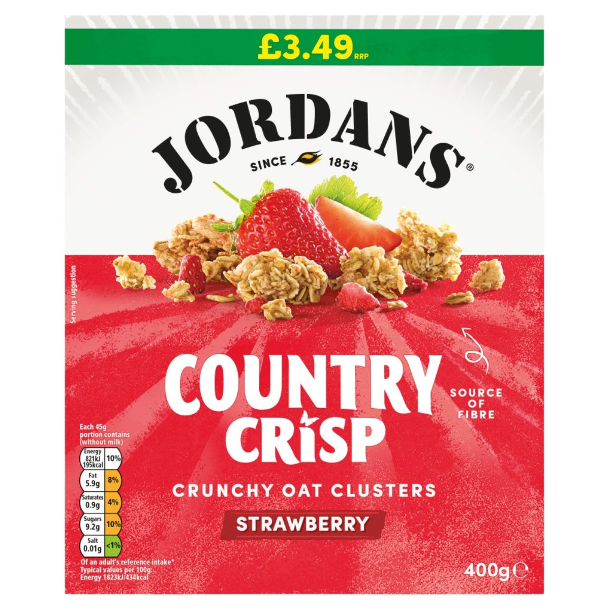 Front of a Jordans Country Crisp Strawberry cereal box, showing the brand name, strawberry granola imagery with a strawberry and oats, and the flavour name on a red and white package.