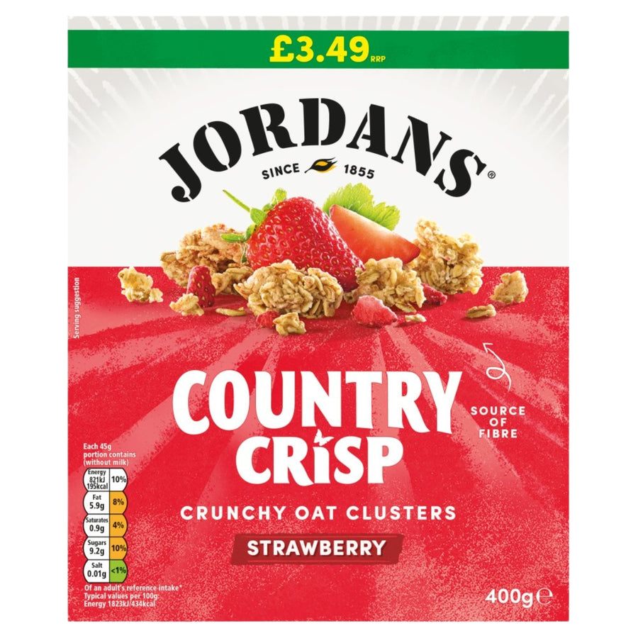 Front of a Jordans Country Crisp Strawberry cereal box, showing the brand name, strawberry granola imagery with a strawberry and oats, and the flavour name on a red and white package.