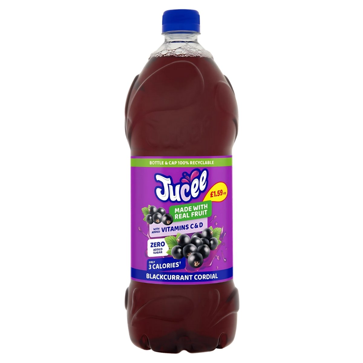 Jucee Blackcurrant Cordial, a 1.5L bottle with a striking purple label featuring blackcurrants, offers a juicy taste made from real fruit, enriched with vitamins C and D, and loaded with natural antioxidants.