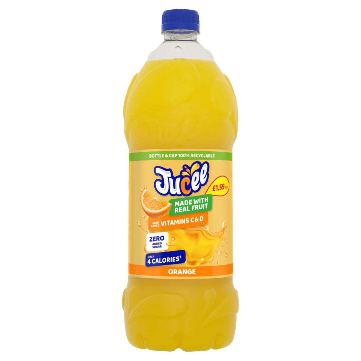 A 1.5L bottle of Jucee - Orange Squash Zero Added Sugar, featuring a label that highlights its real fruit content, zero added sugar, and inclusion of vitamins C & D. The bottle and cap are fully recyclable, providing all the benefits of orange squash without any guilt.