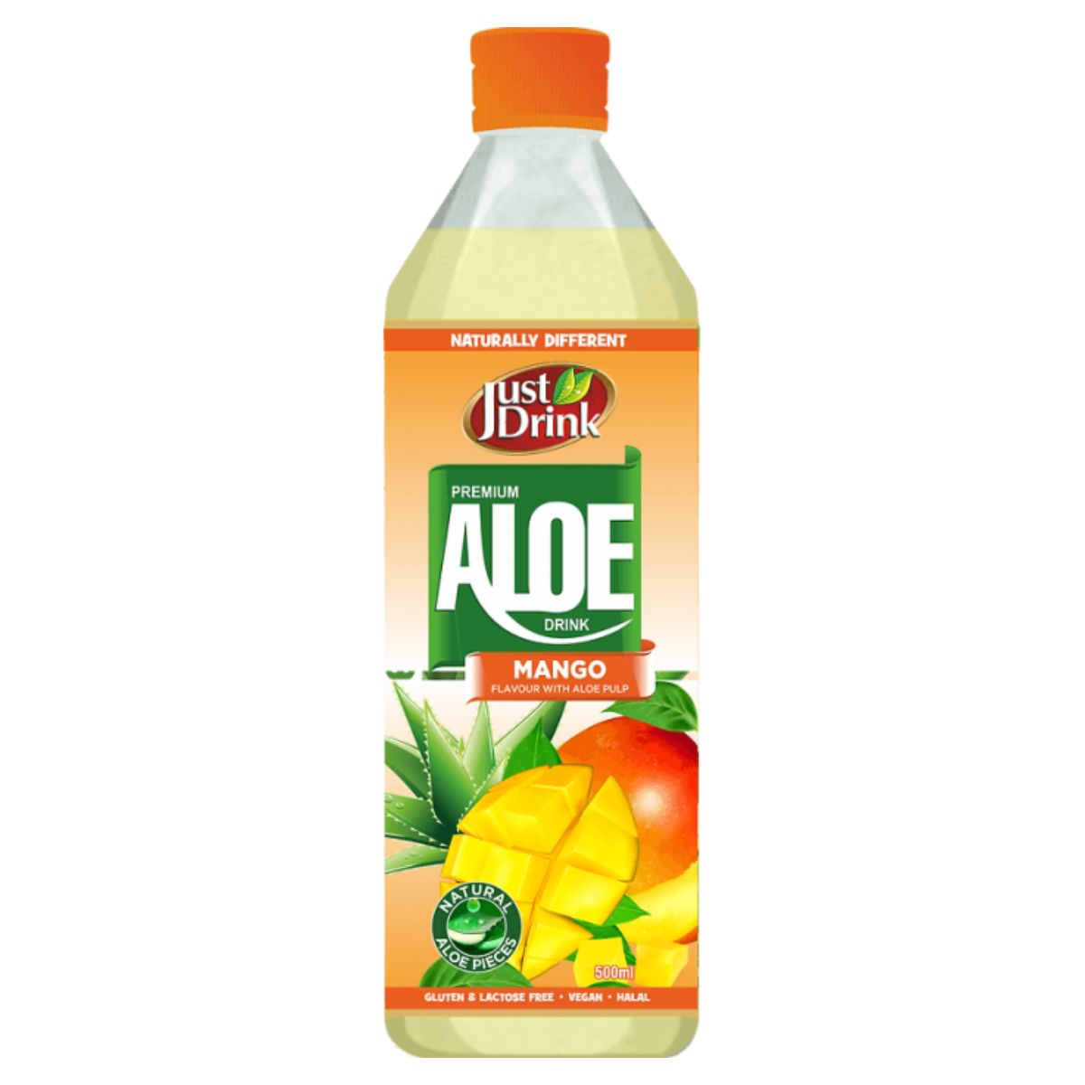 A bottle of Just Drink - Premium Mango Aloe Drink - 500ml with mangoes and oranges.