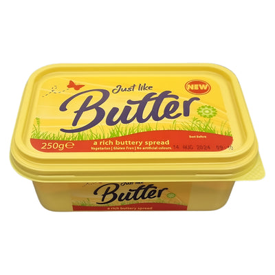 A 250g yellow tub of Just Like Butter - A Rich Buttery Spread - 250g, labeled as new, rich and buttery, suitable for vegetarians and gluten-free with no artificial colors. Expiry date listed on the lid's edge.