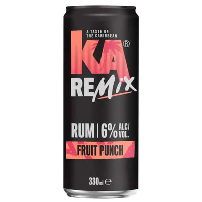 A 330ml can of KA - Remix Rum Fruit Punch, a rum-based drink with 6% ABV, offers tropical flavors and comes in bold black and pink packaging.