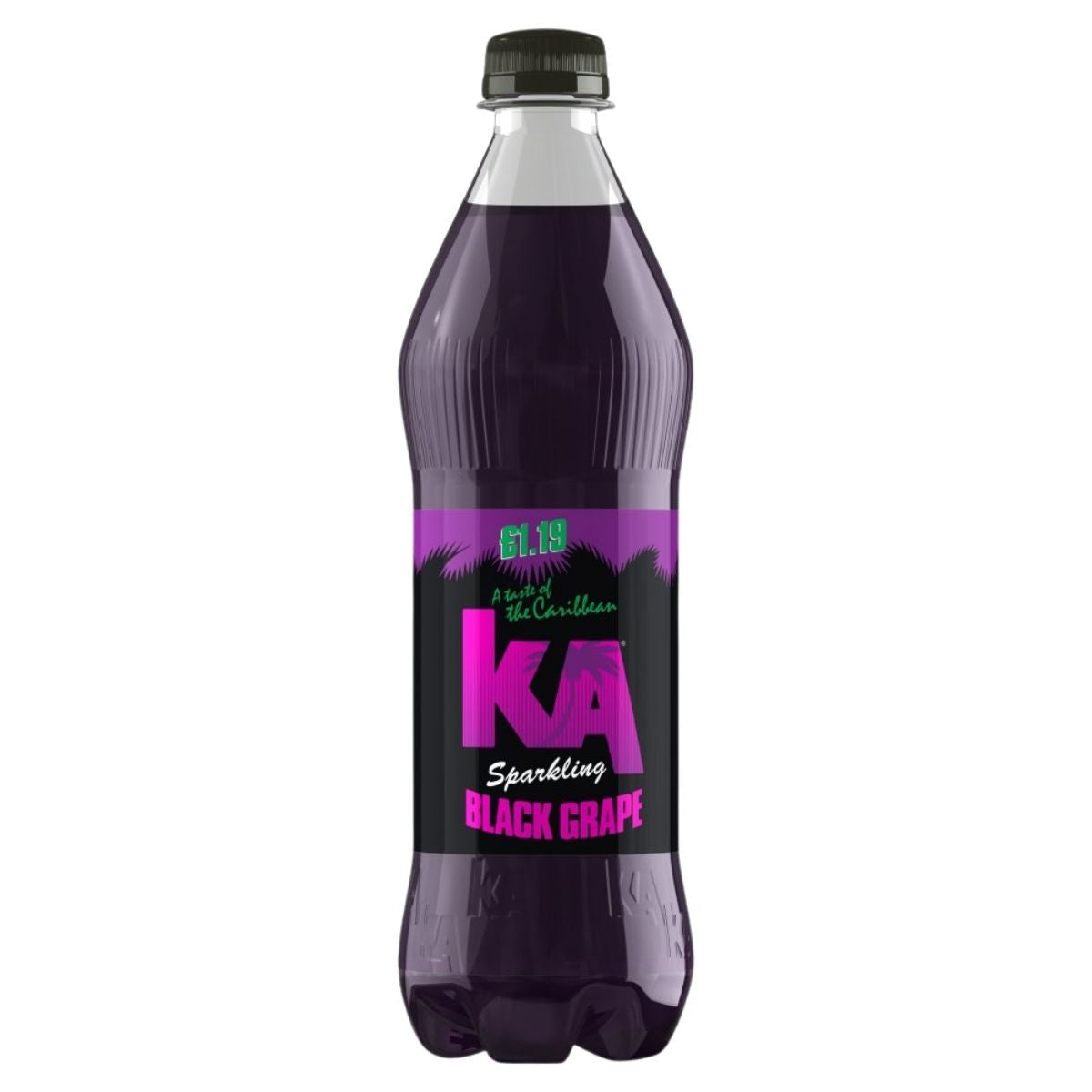 A 500ml KA Sparkling Black Grape soft drink in a plastic bottle with a purple label and black cap.