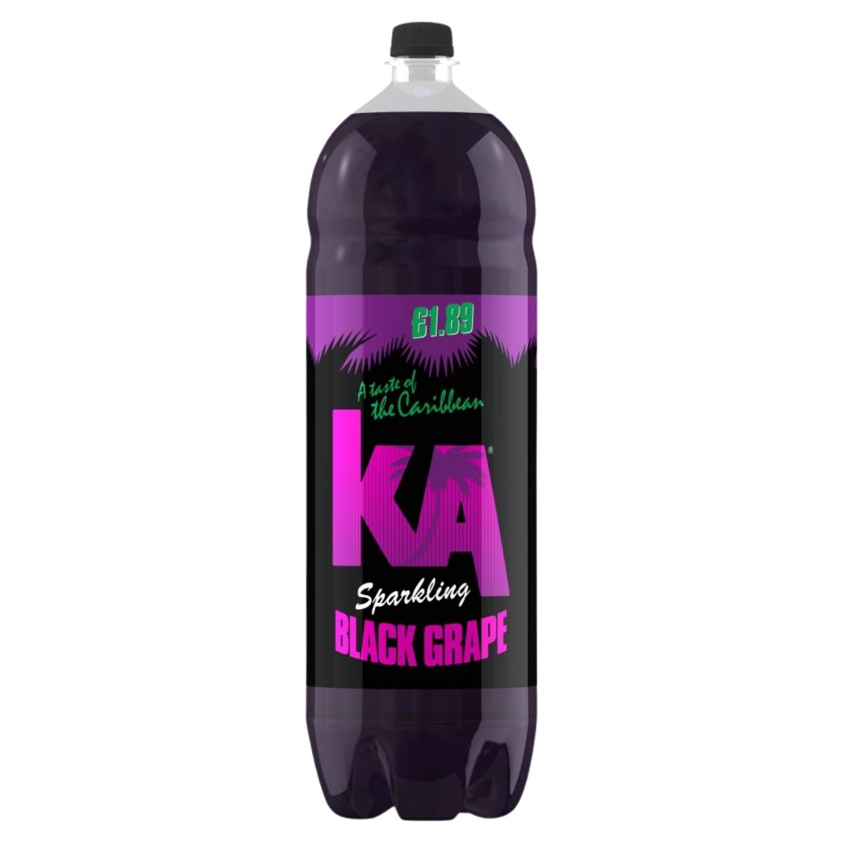 A 2L KA Sparkling Black Grape Drink in a plastic bottle with a purple and black label, featuring "A Taste of the Caribbean" on the front, is priced at £1.09.