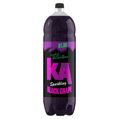 A 2L KA Sparkling Black Grape Drink in a plastic bottle with a purple and black label, featuring "A Taste of the Caribbean" on the front, is priced at £1.09.