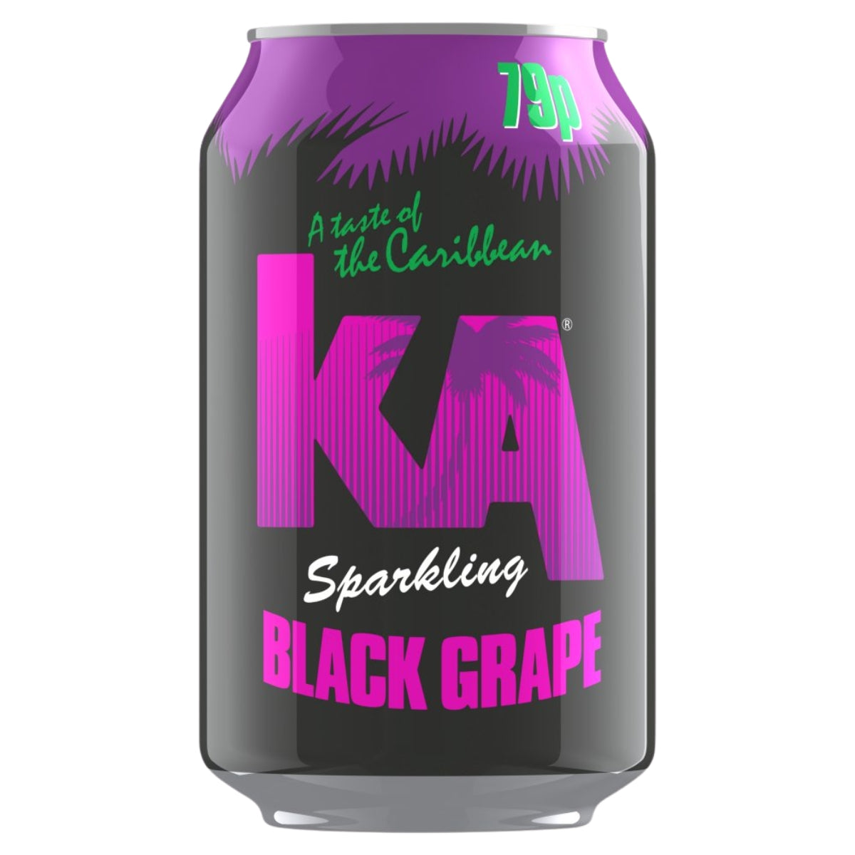 A 330ml can of KA - Sparkling Black Grape Drink by KA, labeled “A taste of the Caribbean,” is priced at 79p and features purple, pink, and green text on a sleek black background. This vibrant Caribbean fizzy drink delivers bold flavor with every sip.