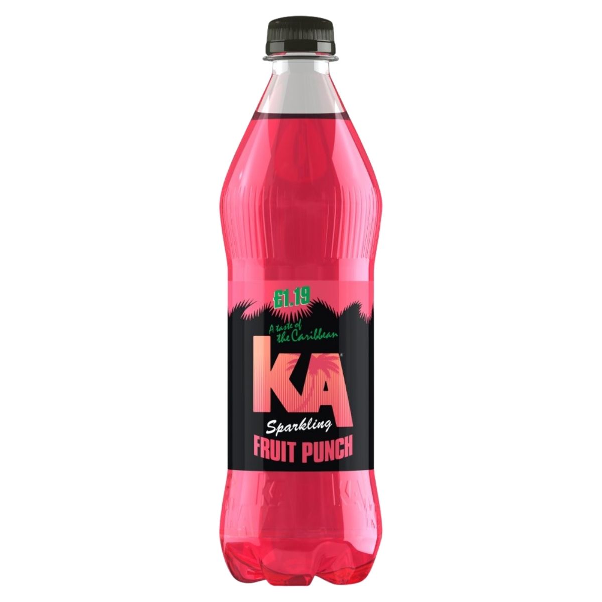 A 500ml KA Sparkling Fruit Punch bottle features a black label, pink liquid inside, and the £1.19 price printed on the label.