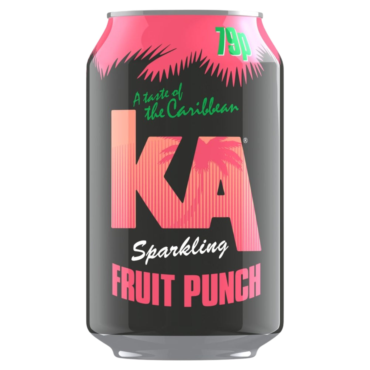 A 330ml KA Sparkling Fruit Punch Can, branded with “A taste of the Caribbean,” is priced at 79p and displays pink and green text against a black background.