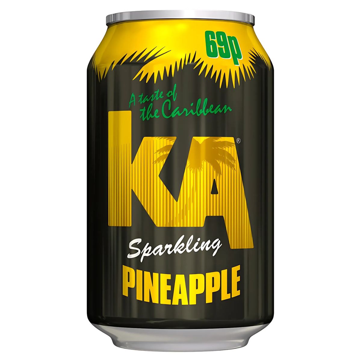 A 330ml can of KA Sparkling Pineapple, featuring a yellow and black design with "69p," a palm tree graphic, and "A taste of the Caribbean"—a fizzy tropical drink bursting with island flavor.