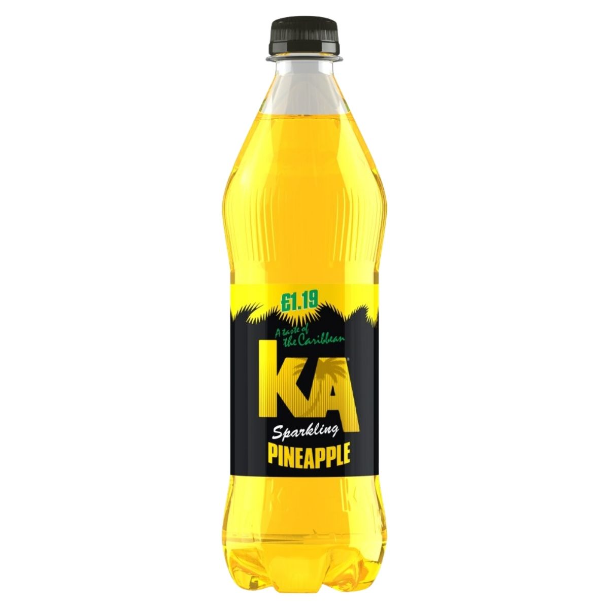 A 500ml plastic bottle of KA Sparkling Pineapple drink with a yellow label and black cap.