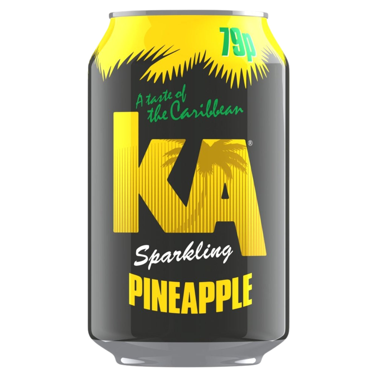 A 330ml can of KA Sparkling Pineapple Drink, featuring yellow text and a palm tree graphic on a black background, labeled “A taste of the Caribbean” and marked at “79p.”.