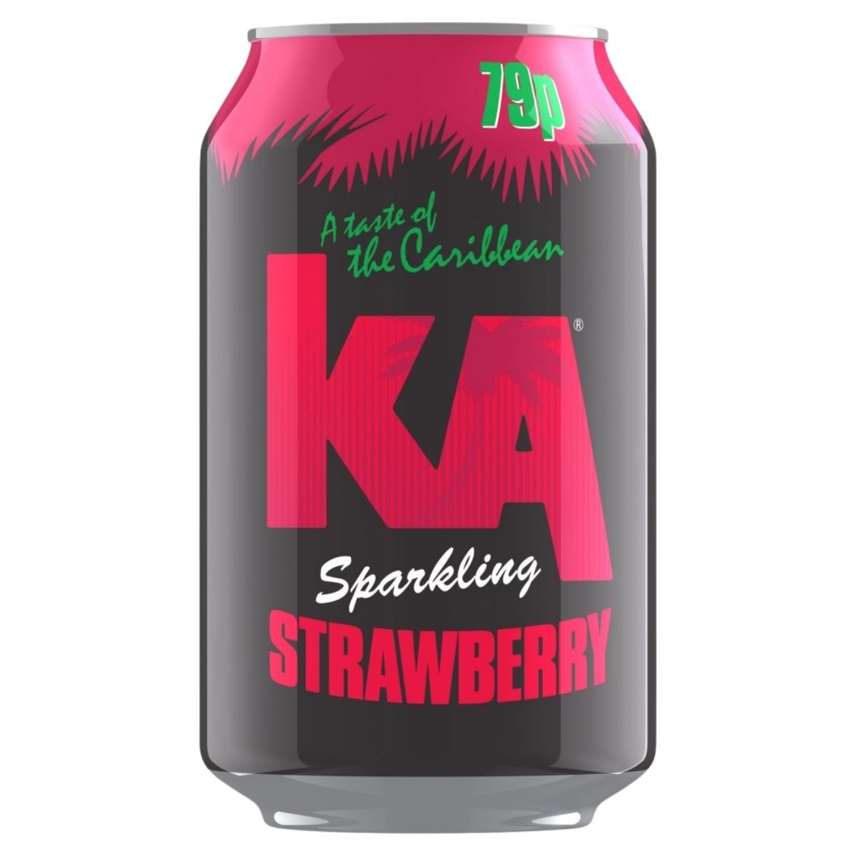 A 330ml can of KA Sparkling Strawberry Drink, a refreshing Caribbean beverage, features “A taste of the Caribbean” and “79p” boldly on the label in pink and green.
