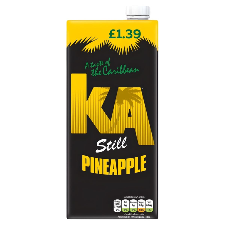 A 1L carton of KA Still Pineapple Juice, a ready-to-drink beverage from KA with yellow and green text and palm leaf graphics, is a refreshing tropical juice for any occasion—priced at £1.39.