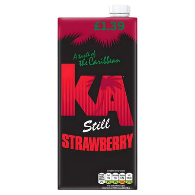 KA Still Strawberry Drink 1L carton with “A taste of the Caribbean” text, priced at £1.39. This refreshing fruit beverage from KA displays nutritional info at the bottom.