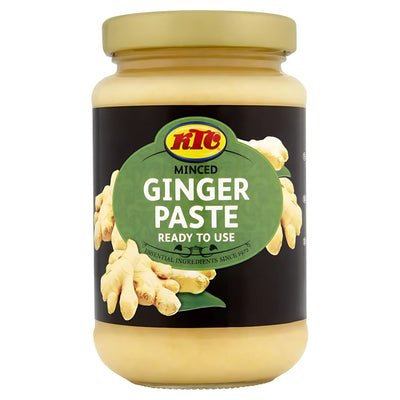 A 210g jar of KTC Minced Ginger Paste with a beige lid and label featuring ginger roots—ready-to-use, convenient minced ginger for adding robust flavor to your dishes.