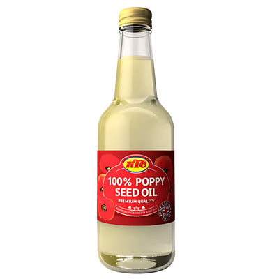 KTC Poppyseed Oil 250ml comes in a clear glass bottle with a red label, gold cap, and poppy flower images—ideal as a healthy cooking oil for heart-friendly diets.