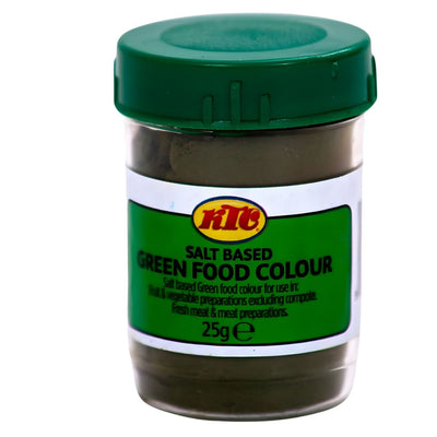A 25g jar of KTC Salt Based Green Food Colour with a green lid and label, from KTC.