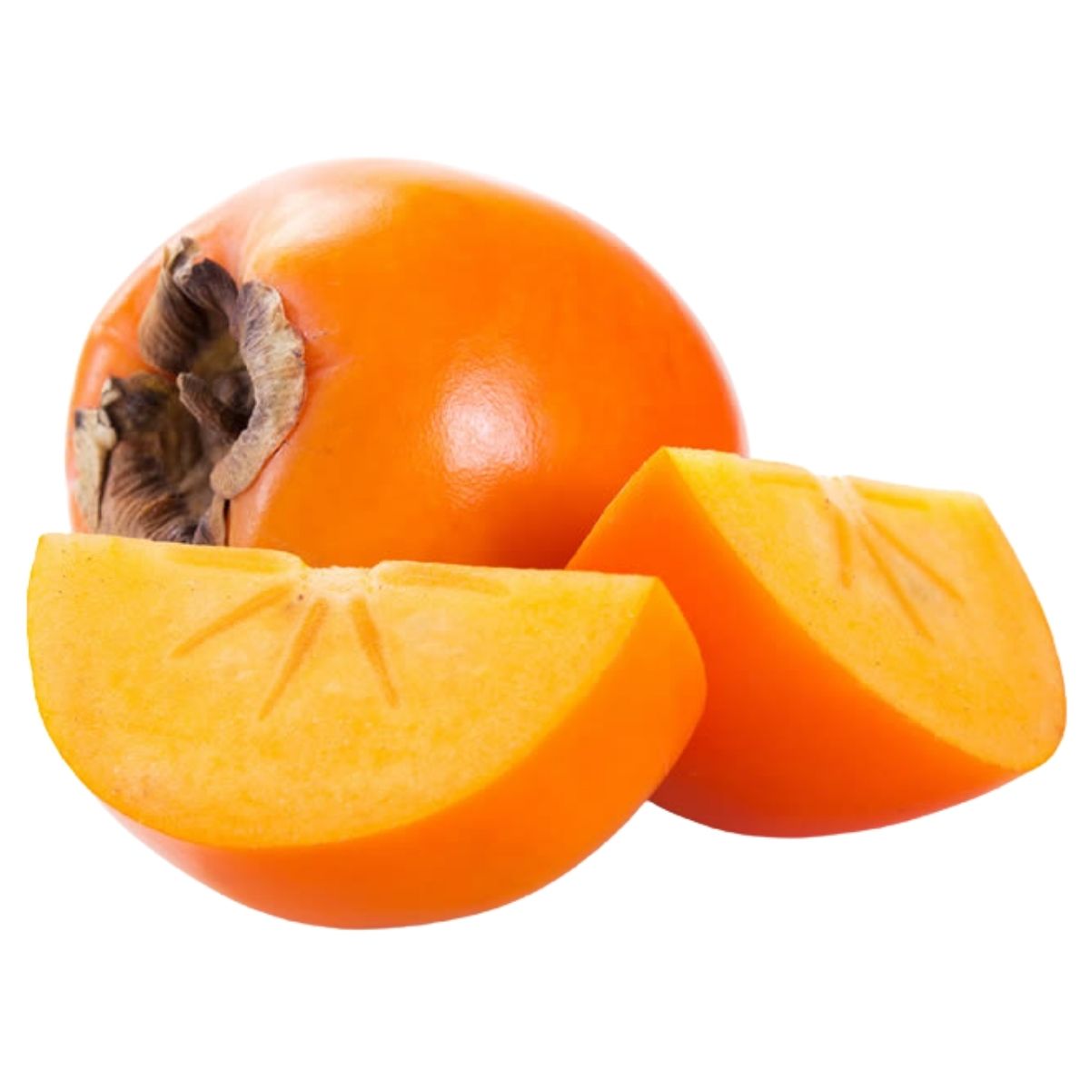 Kaki fruit and a slice on a white background