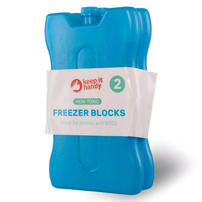 Keep It Handy - Non Toxic Freezer Blocks (Pack of 2) are blue plastic blocks with a white label that reads "keep it handy," "NON-TOXIC," and "FREEZER BLOCKS." Ideal for picnics and BBQs, they provide safe, chemical-free cooling.