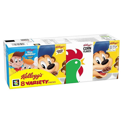 The Kellogg's 8 Pack Variety Breakfast Cereal (196g) features individual packs of Rice Krispies, Coco Pops, and Corn Flakes with colorful cartoon mascots on each box.