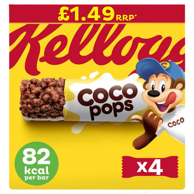Multipack of four Kellogg’s - Coco Pops Chocolate Cereal Bars Multipack - 4 x 20g made of cocoa powder puffed rice, featuring a cartoon monkey mascot, 82 kcal per bar, and a £1.49 RRP.