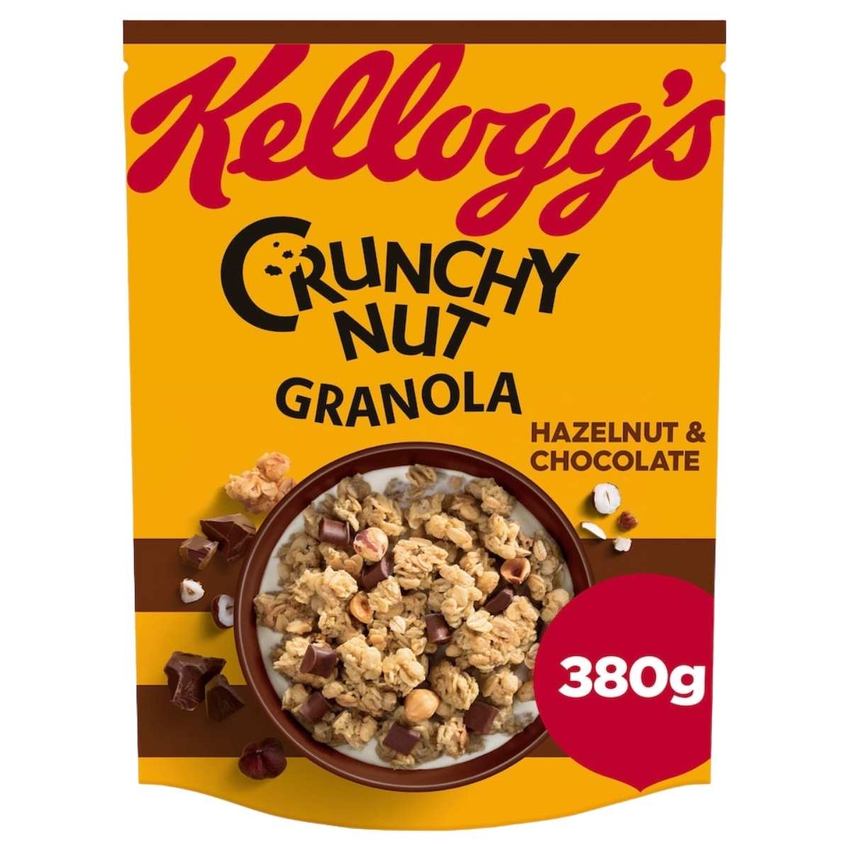 A 380g bag of Kellogg's Crunchy Nut Granola Hazelnut & Chocolate, from Kelloggs, with oat clusters and crunchy chocolate hazelnut granola pieces.