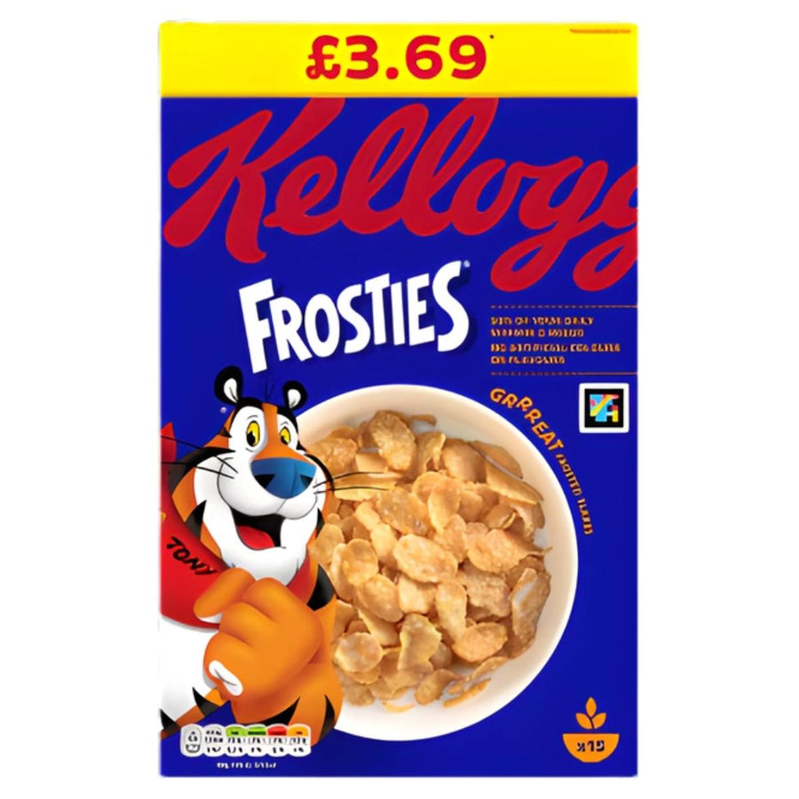 A 470g box of Kellogg's Frosties Breakfast Cereal, featuring Tony the Tiger, a bowl of cereal, and £3.69 at the top. Fortified with vitamins and iron for a tasty, nutritious breakfast.