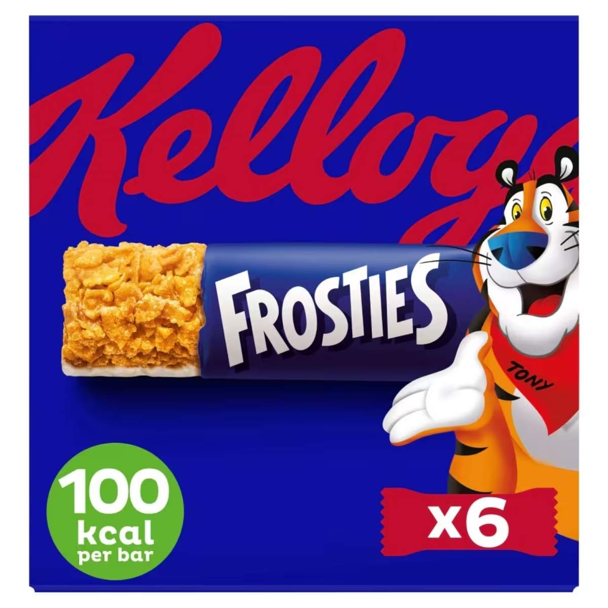 Image of Kellogg's Frosties Cereal Bars box with a cartoon tiger, labeled "100 kcal per bar" and "6x25g." Ideal portable snack for quick breakfasts on-the-go.