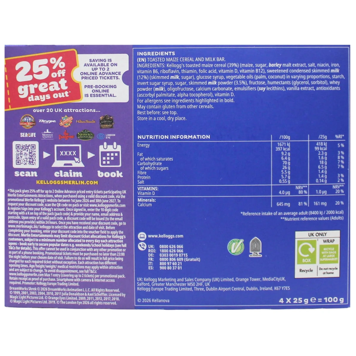 A purple box of Kellogg’s - Frosties Cereal & Milk Bars (4 x 25g), displaying ingredients, nutrition facts, promotions, recycling information, and company details. A red label in the top left corner highlights 25% off UK attractions. Inside are delicious Kellogg’s Frosties Cereal & Milk Bars—a tasty breakfast snack and a source of calcium to help start your day right.