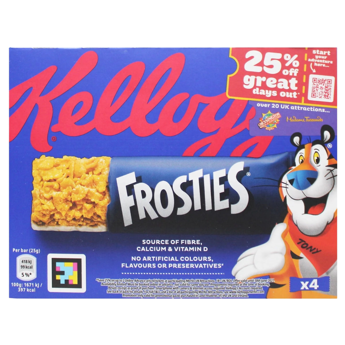 Box of Kellogg’s Frosties Cereal & Milk Bars (4 x 25g), featuring Tony the Tiger, nutrition information, and a special offer for 25% off UK attractions. These tasty breakfast bars from Kellogg’s are a convenient source of calcium, perfect for busy mornings or snacking on the go.